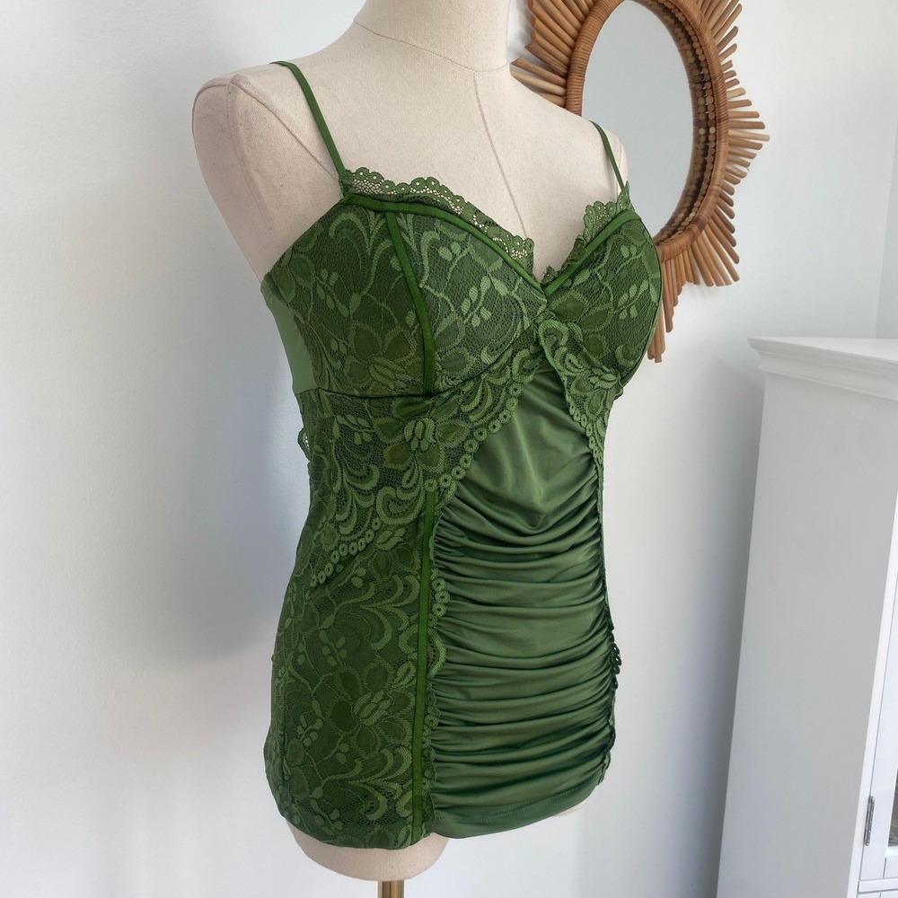 Vintage Y2K XOXO Green Lace Satin Bustier Cami Tank Top M McBling Indie Sleeze - Picture 4 of 13